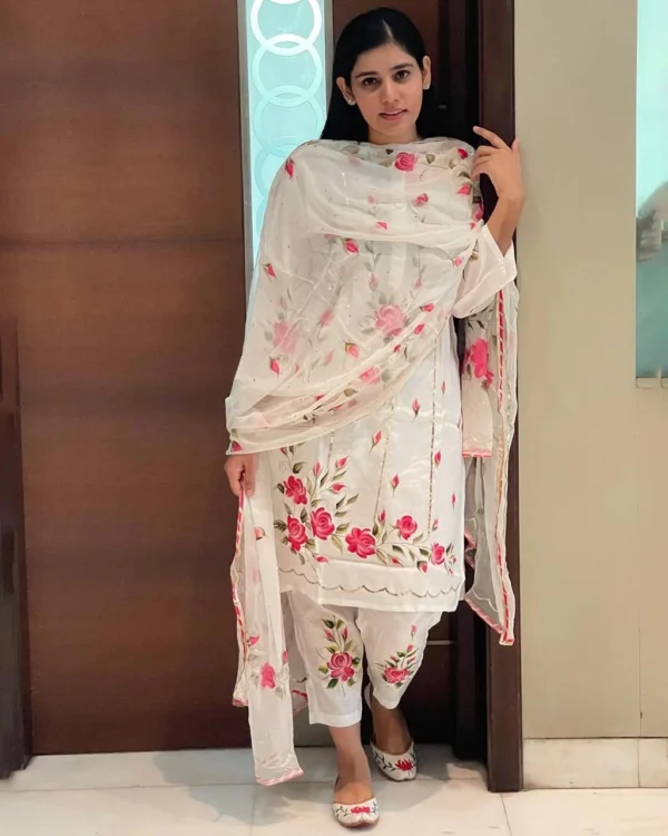 Floral Printed White Cotton Suit Set