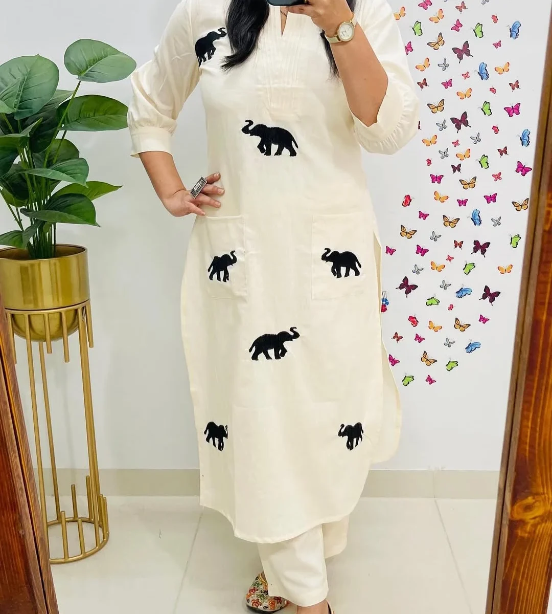 Printed Cotton White Kurti Pant Set
