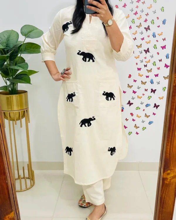 Printed Cotton White Kurti Pant Set