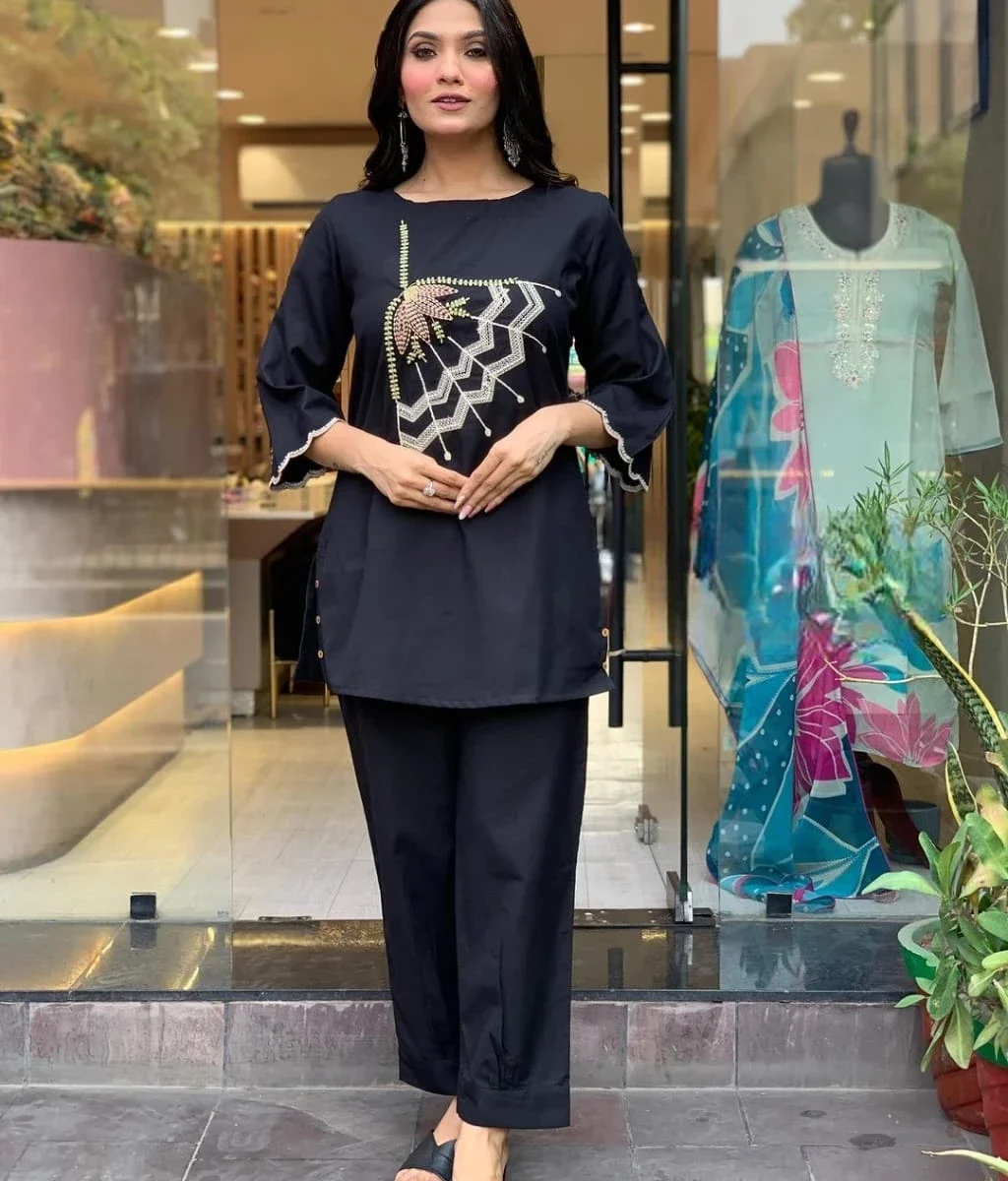 Embroidery Black Cotton Cor-Ord Set