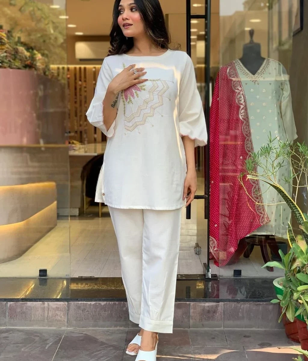 Embroidery White Cotton Cor-Ord Set