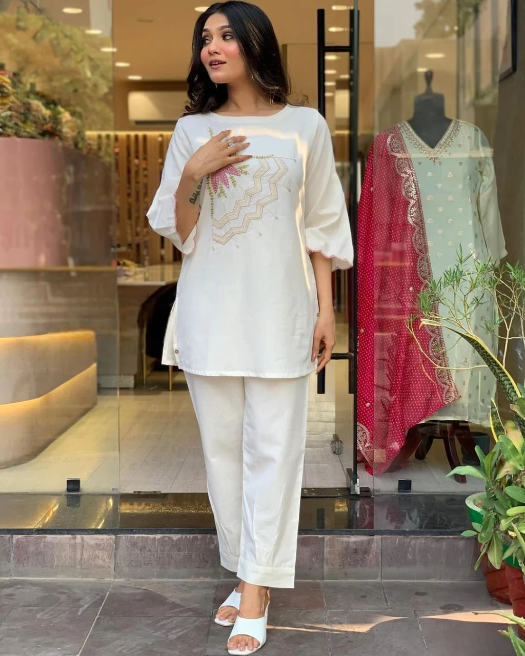 Embroidery White Cotton Cor-Ord Set