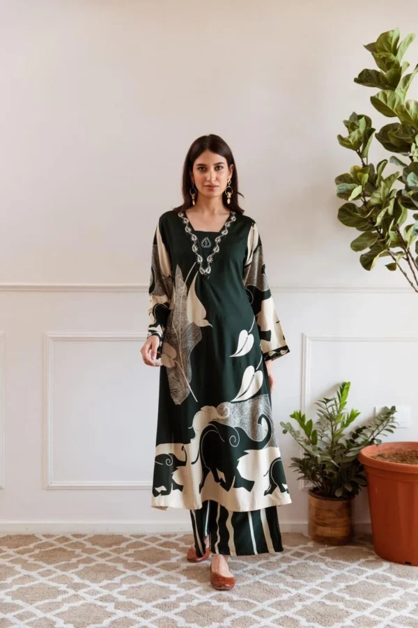 Office Wear Rayon Green Kurti Pant Set