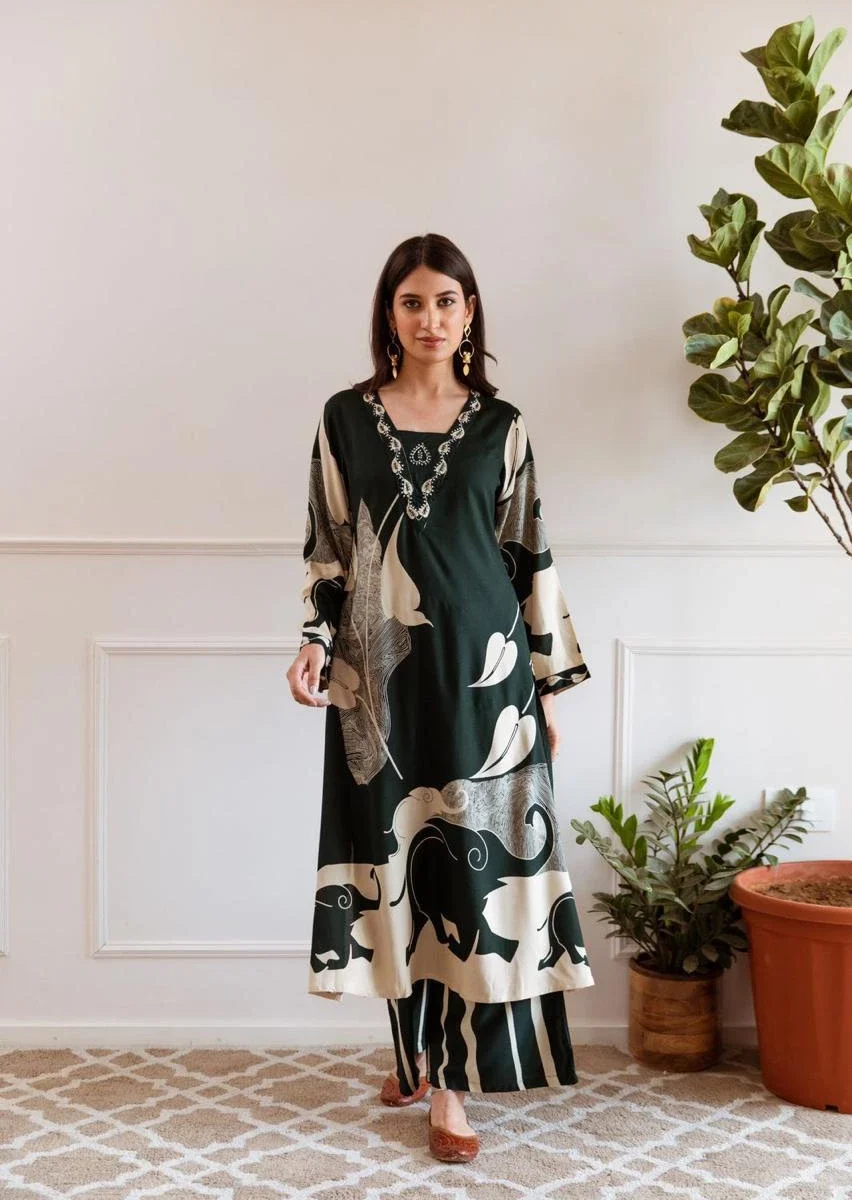 Office Wear Rayon Green Kurti Pant Set