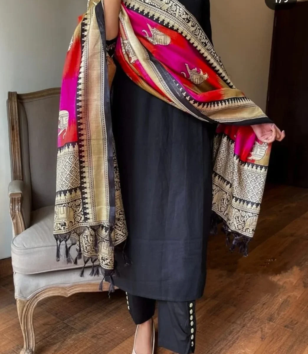 Black Handloom Cotton Embroidery Suit Set