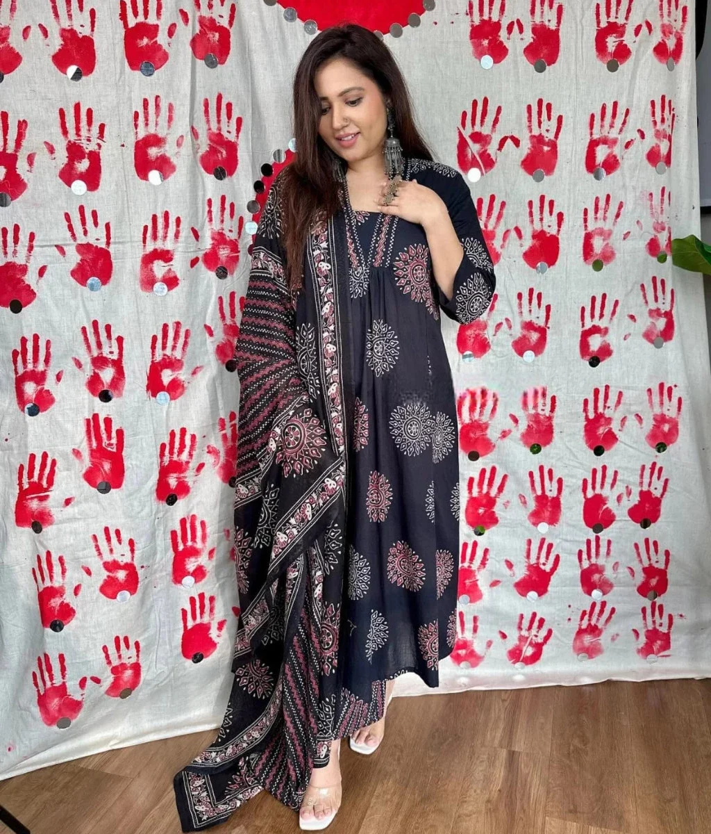Black Cotton Ajrakh Print Suit Set