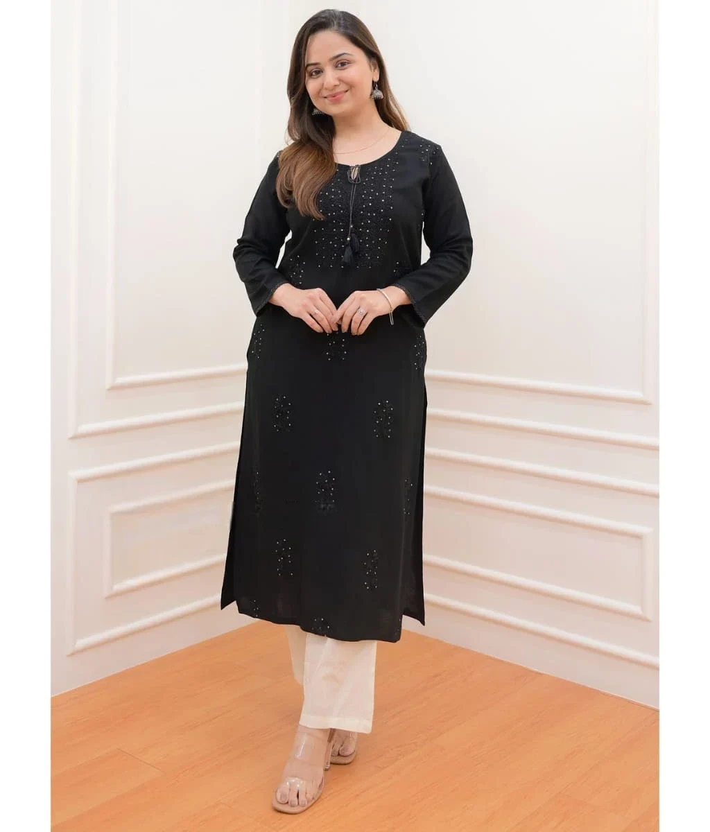 Rayon Black Kurti Pant Set For Office Wear