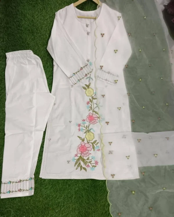 Cotton White With Organza Dupatta Suits Set