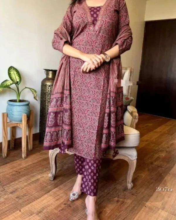 Ajrak Print Cotton Kurti​ Pant Dupatta Set
