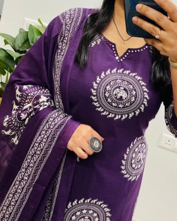 Purple Floral Print Kurti Pant Dupatta Set