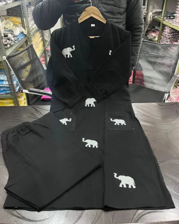 Black Cotton Slub Printed Kurti Pant Set