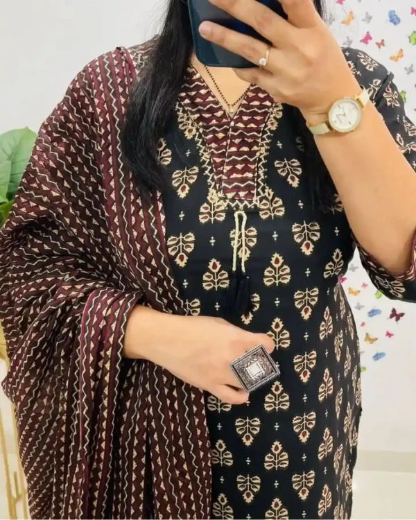 Black Cotton Printed Suit Set