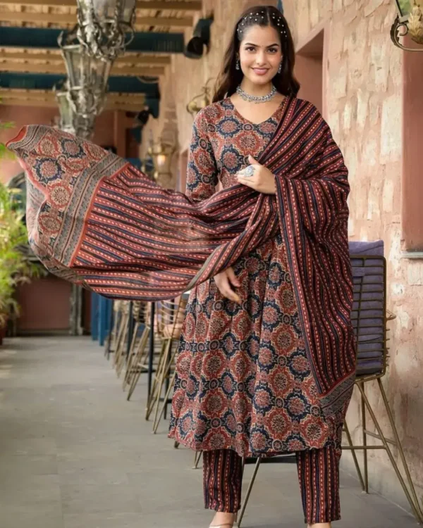 Ajrak Print Cotton Kurti​ Pant Dupatta Set 1