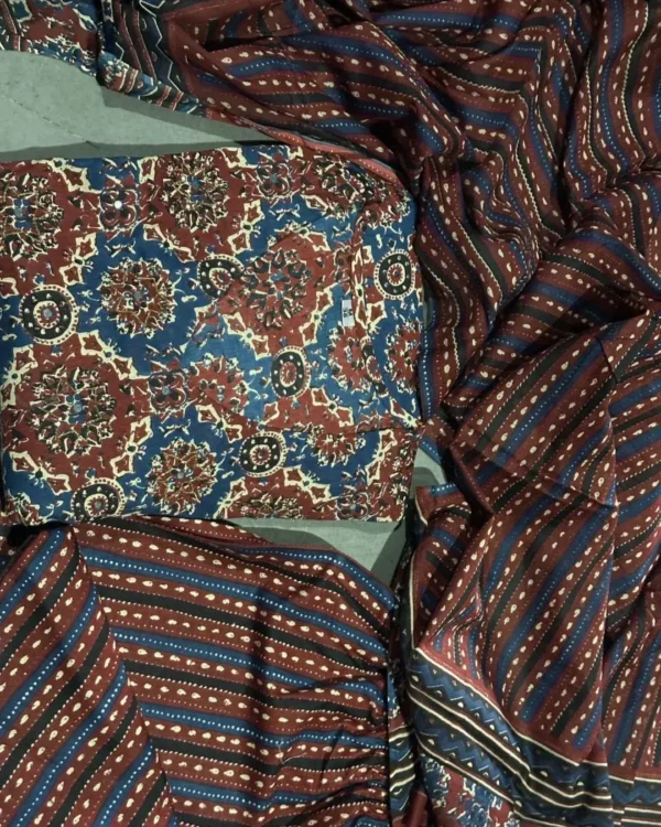 Ajrak Print Cotton Kurti​ Pant Dupatta Set