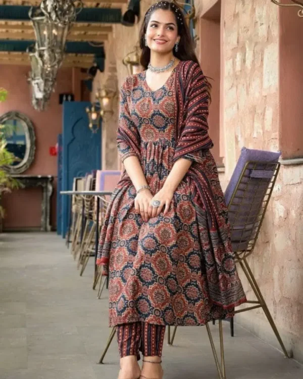 Ajrak Print Cotton Kurti​ Pant Dupatta Set