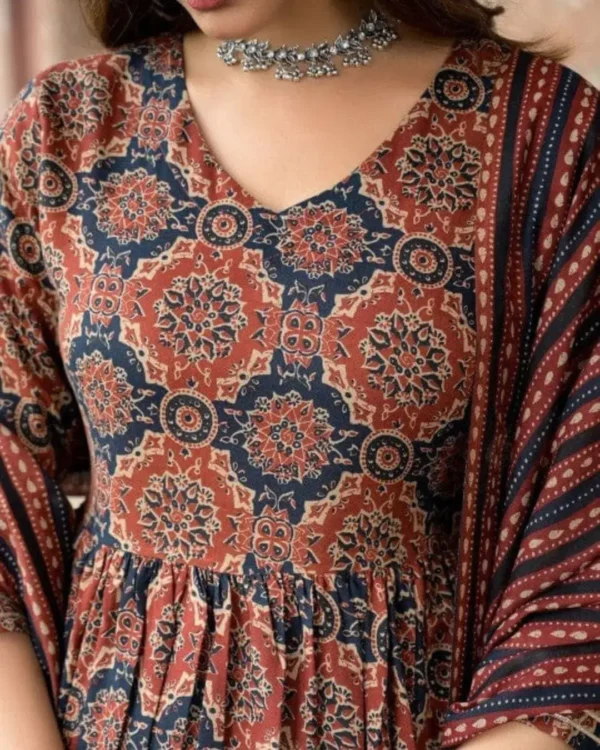 Ajrak Print Cotton Kurti​ Pant Dupatta Set Front