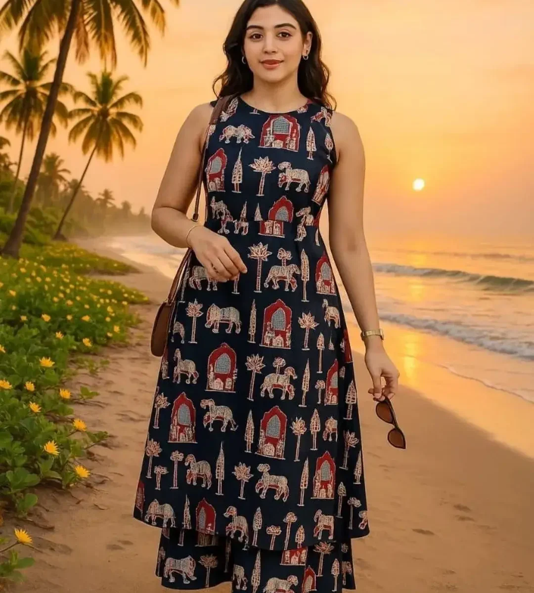Black Cotton Elephant Print Kurti Pant Set