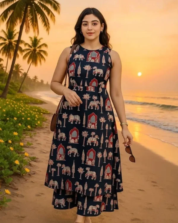 Black Cotton Elephant Print Kurti Pant Set