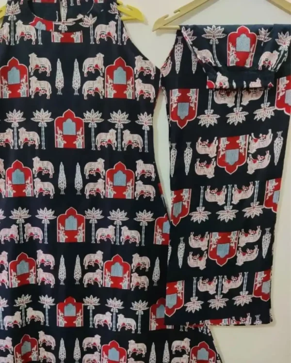 Black Cotton Elephant Print Kurti Pant Set Real