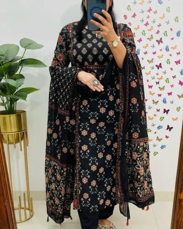 Black Cotton Printed Suit Set