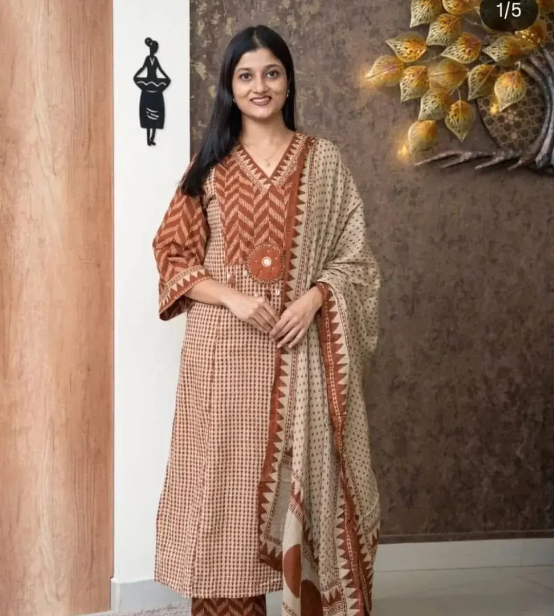 Cotton Brown Kurti Pant With Dupatta Set