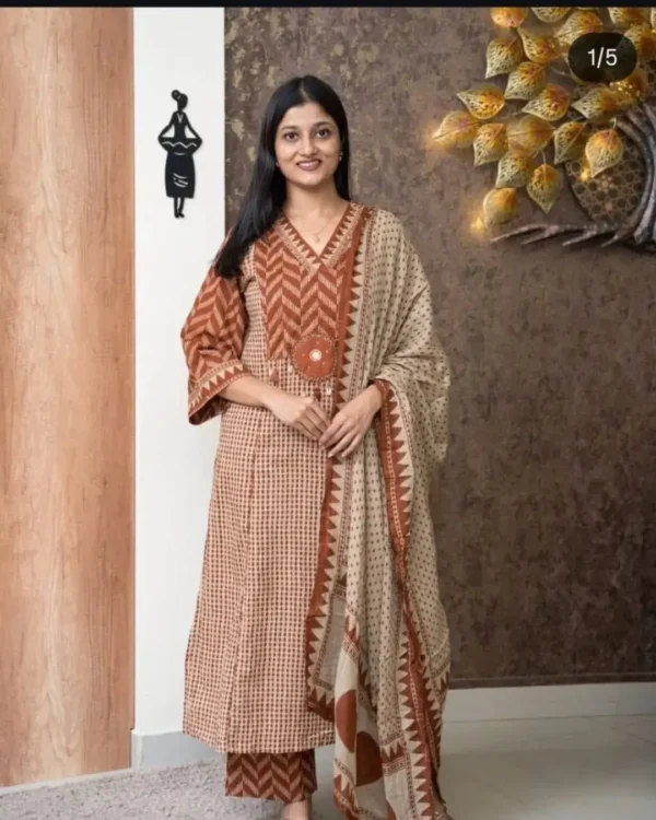 Cotton Brown Kurti Pant With Dupatta Set