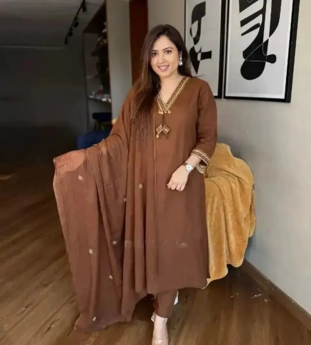 Dark Brown Kurti Combination Pant Dupatta Set