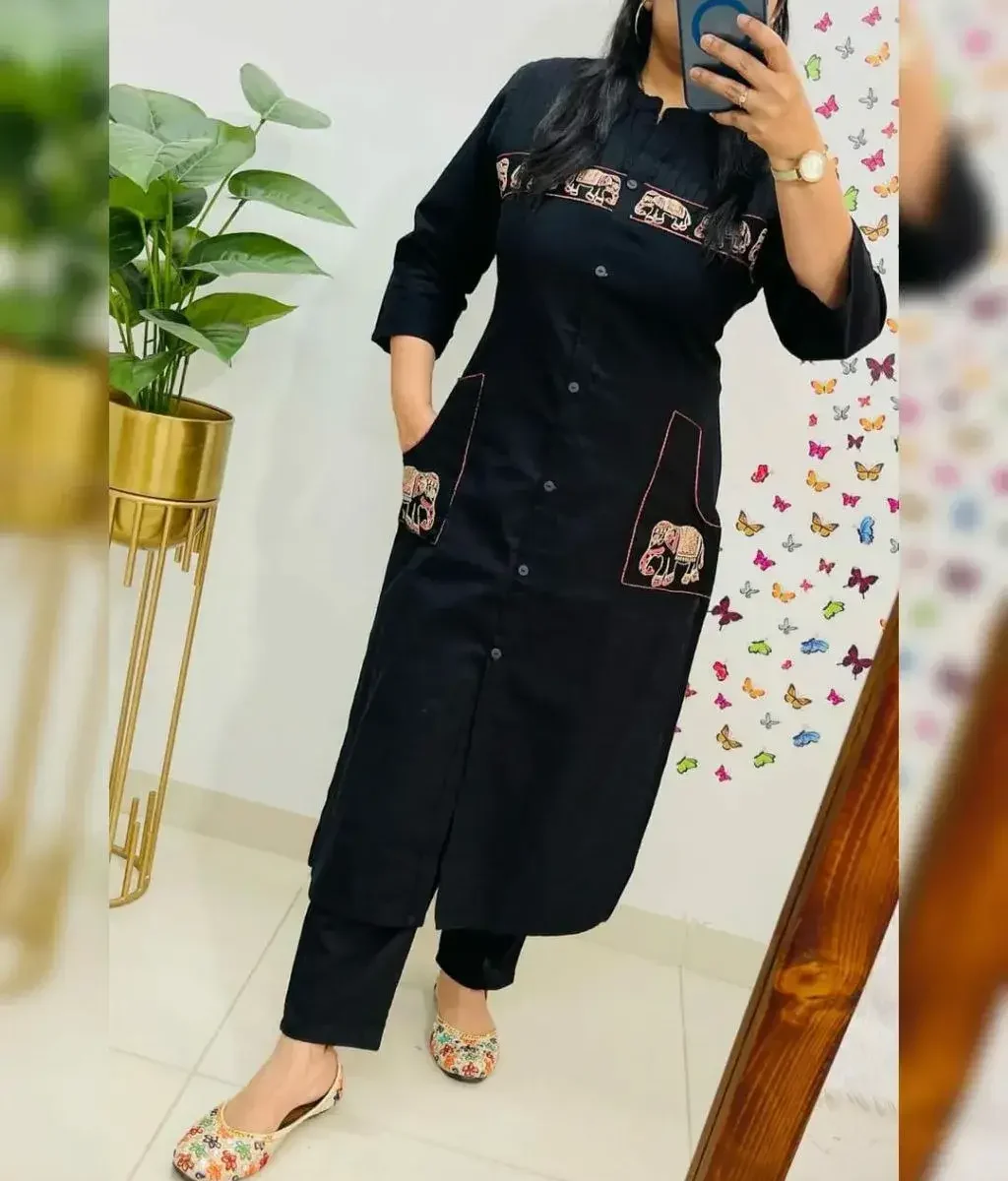 Embroidery Black Cotton Cor-Ord Set