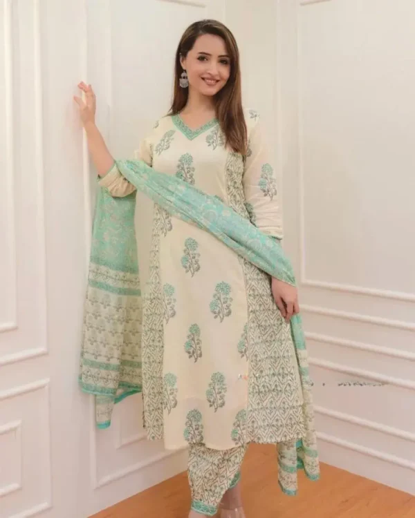 Floral Printed White Cotton Suit Set