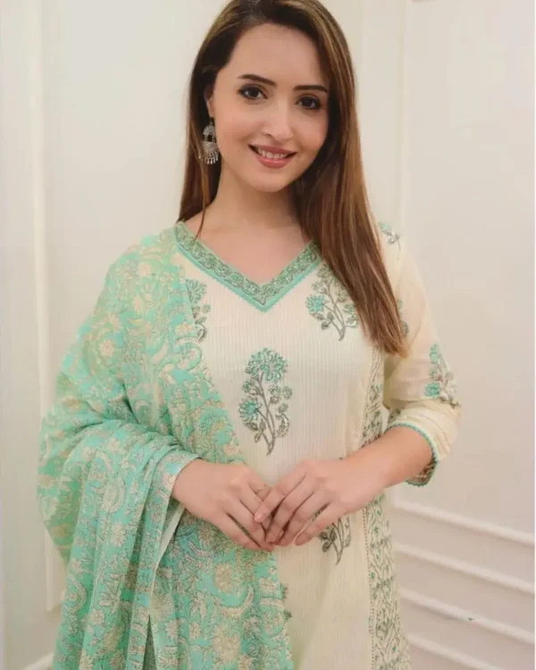 Floral Printed White Cotton Suit Set Front