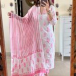 White And Pink Kurti Pant Dupatta Set​