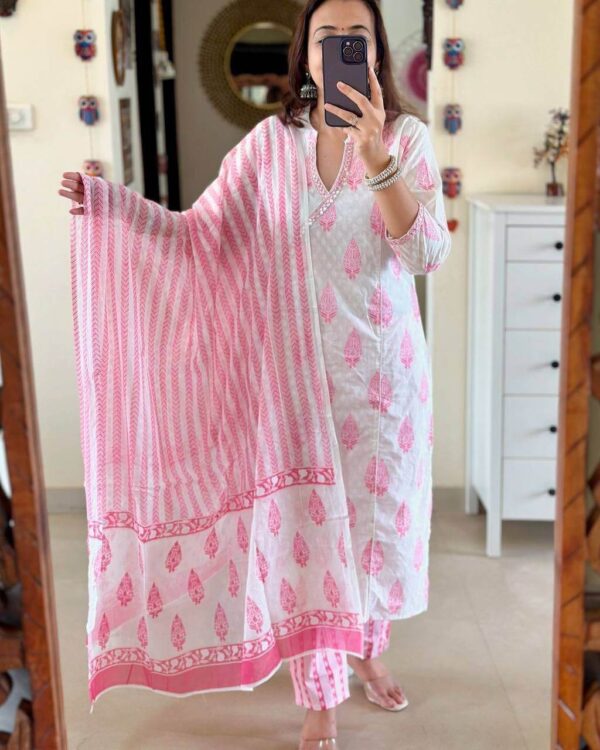 White And Pink Kurti Pant Dupatta Set​