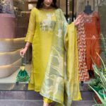 Party Wear Yellow Silk Kurti Pant Dupatta Set