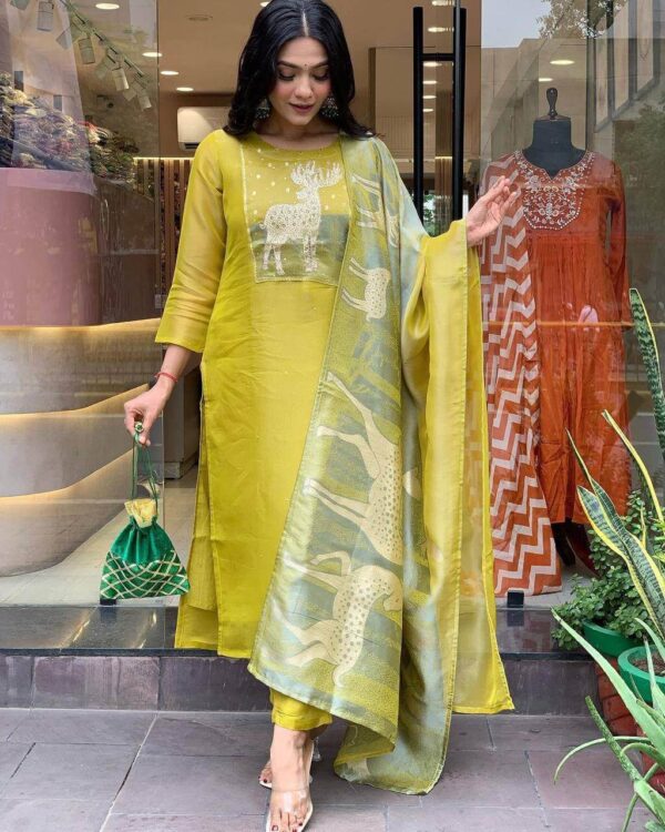 Party Wear Yellow Silk Kurti Pant Dupatta Set