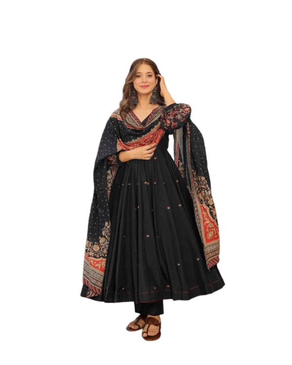 Cotton Black Anarkali Kurti​ Pant Dupatta Set