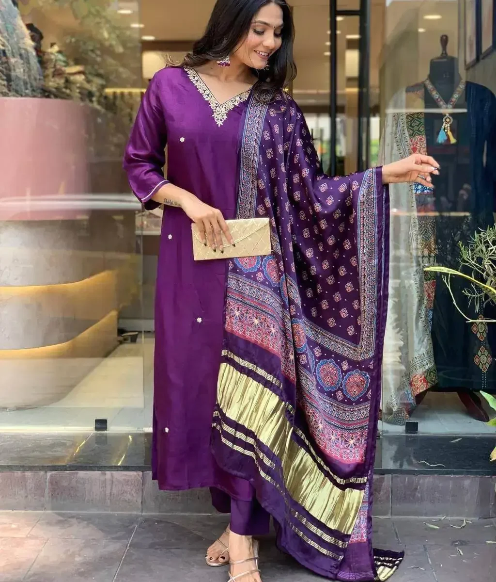 Silk Purple Kurti Pant Dupatta Set