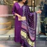 Silk Purple Kurti Pant Dupatta Set