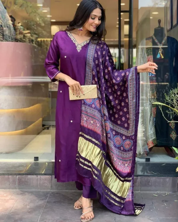 Silk Purple Kurti Pant Dupatta Set