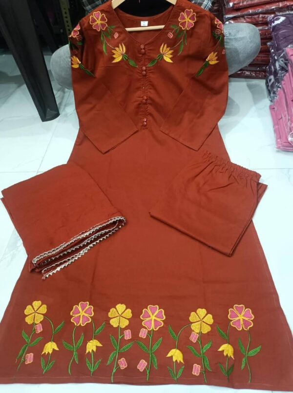 Cotton Brown Kurti Pant With Dupatta Set