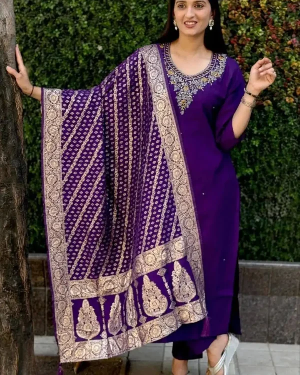 Silk Purple Kurti Pant Dupatta Set