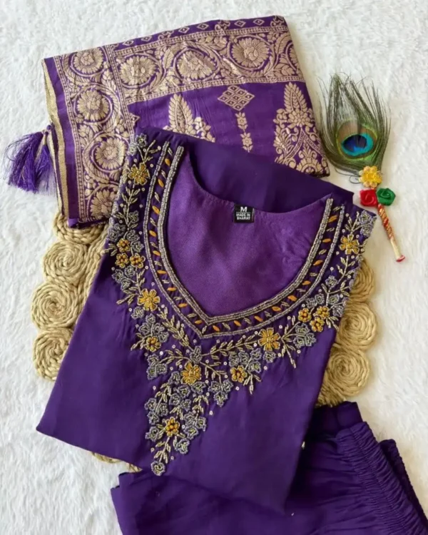 Silk Purple Kurti Pant Dupatta Set