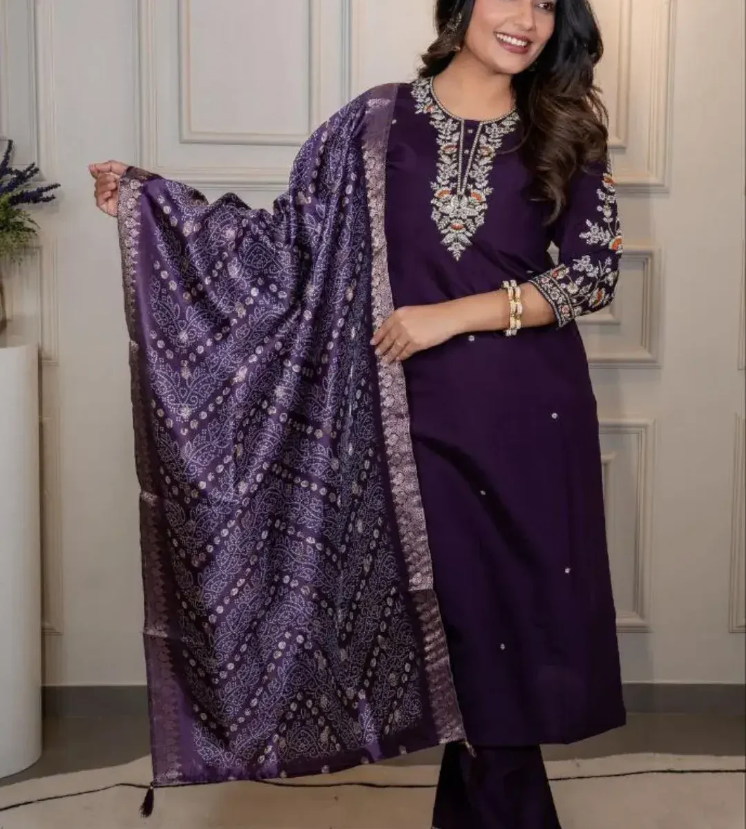 Silk Purple Kurti Pant Dupatta Set