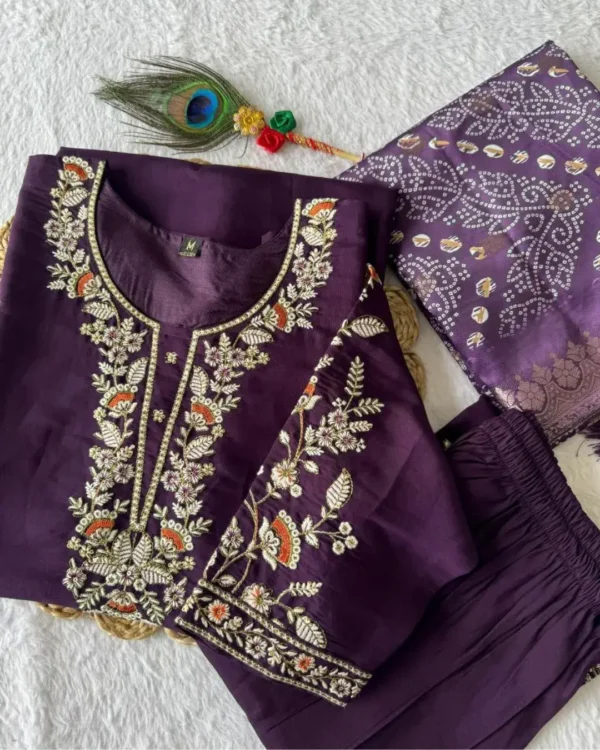 Silk Purple Kurti Pant Dupatta Set 2