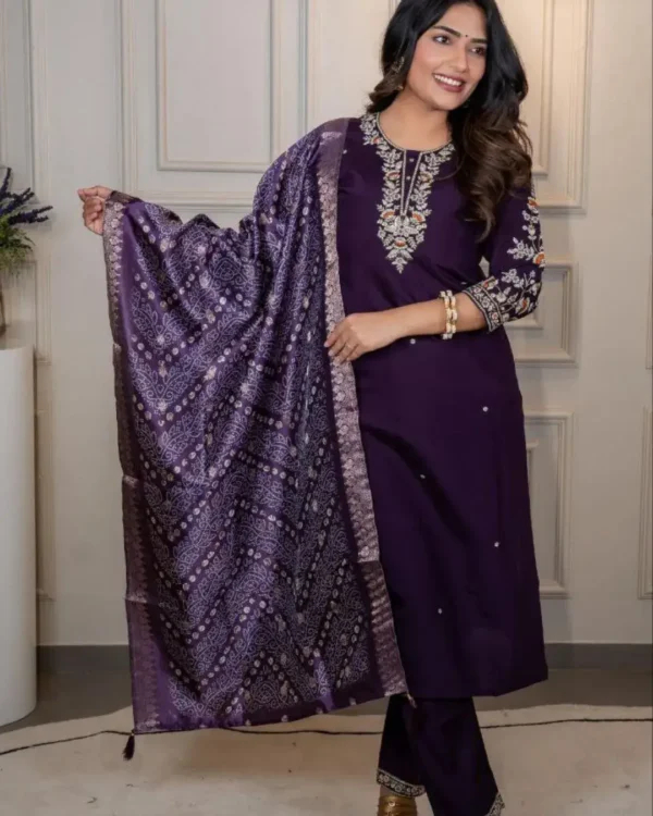 Silk Purple Kurti Pant Dupatta Set