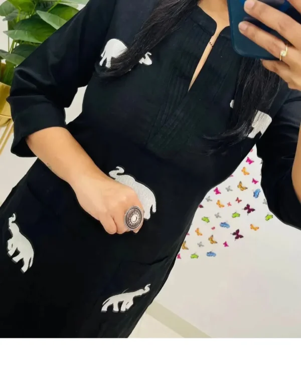 Black Cotton Elephant Print Kurti Pant Set