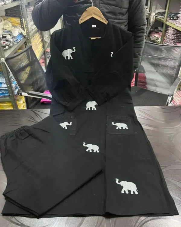 Black Cotton Elephant Print Kurti Pant Set