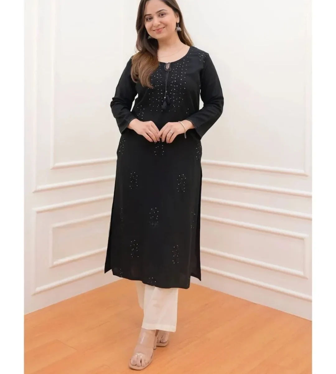 Rayon Black Kurti Pant Set For Office Wear