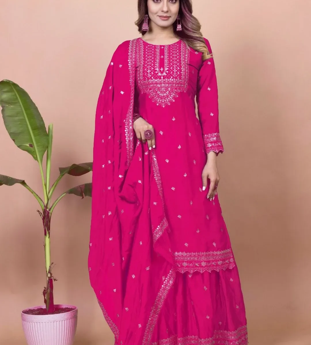 Pink Short Kurti With Sharara Dupatta Set