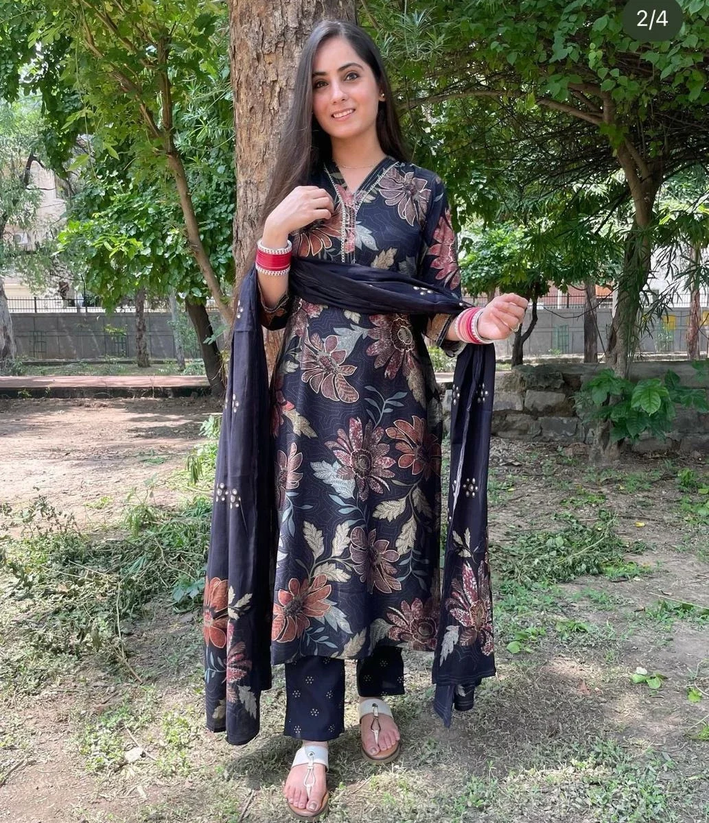 Muslin Floral Print Black Suit Set