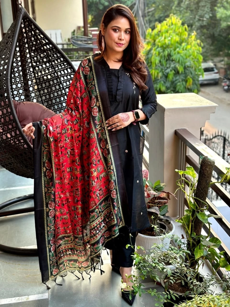 Cotton Slub Black Kurti Pant Dupatta Set